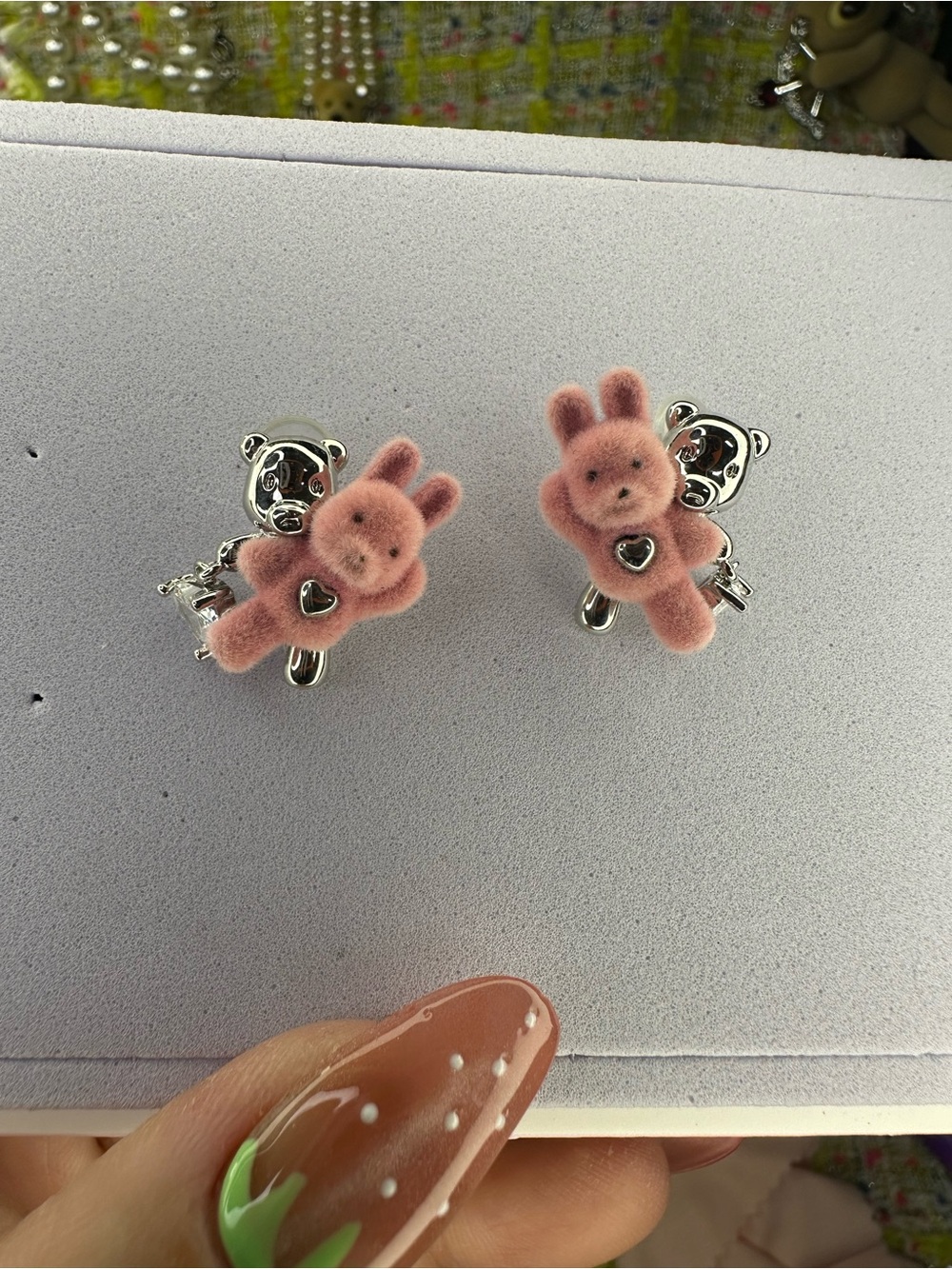 Pink Fuzzy Bunny & Bear Earrings